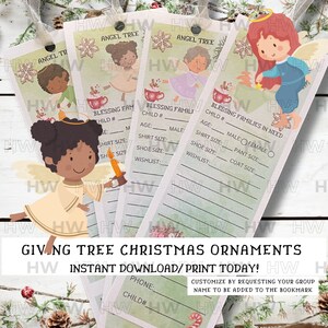 Segnalibri dell'albero dei doni, ornamenti per beneficenza, biglietti d'auguri stampabili con angeli, download immediato