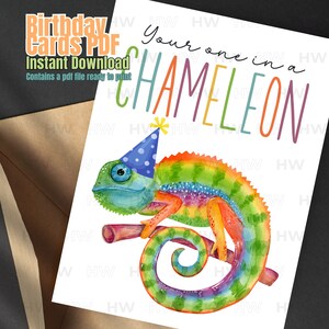 Carte d'anniversaire à téléchargement immédiat, carte d'anniversaire PDF, à imprimer à la maison, carte d'anniversaire caméléon, imprimable, anniversaire caméléon, carte de dernière minute