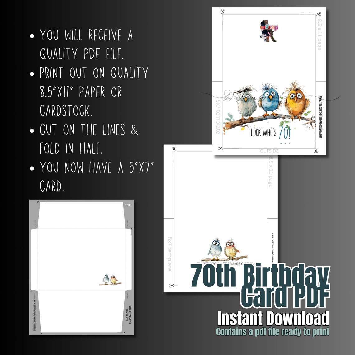 70th Birthday Card, Instant Download, PDF Card, Envelope Template ...