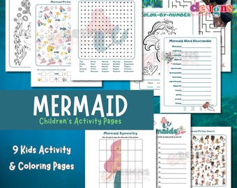 May include: A set of nine printable mermaid-themed activity pages for kids. The pages include coloring, word search, picture search, symmetry, and word unscramble activities. The pages are designed for children ages 6-12.