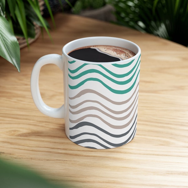 Trendy Wavy Design Mug - Contemporary Coffee, Tea, Hot Chocolate Mug - Vintage, Retro Pattern - White, tan, lilac, teal cup - drinkware