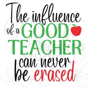 May include: The influence of a good teacher can never be erased. The text is in black, green, and red. A red apple is to the right of the text.