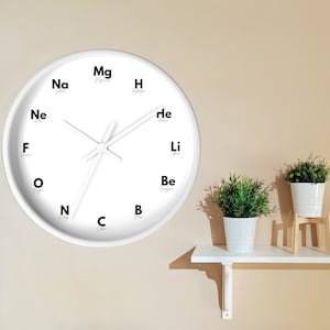May include: White round clock with black hands and black text around the edge. The text is the chemical symbols for the elements. The clock is on a white wall with a white shelf below it.