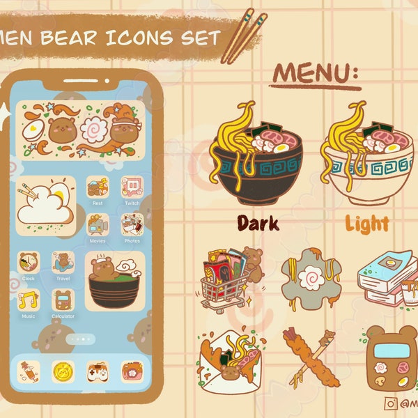 Cute Ramen Bear App Icons Pack (IOS & Android)