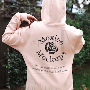 Lane Seven Pale Pink Back Mockup, LS14001, Hoodie, Outdoor Lifestyle, Sweatshirt Mock, Model Mockup, Real, Exercise,Brown Hair,Winter Snow