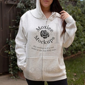 Lane Seven 14003 Mockup, Oatmeal Heather, Hoodie Mockup, Influencer Mockup, LS14003, Dark Hair, Model Mock Up, Print on Demand, Beach Hoodie