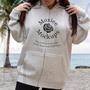 Lane Seven 14003 Mockup, Oatmeal Heather, Hoodie Mockup, Influencer Mockup, LS14003, Dark Hair, Model Mock Up, Print on Demand, Beach Hoodie