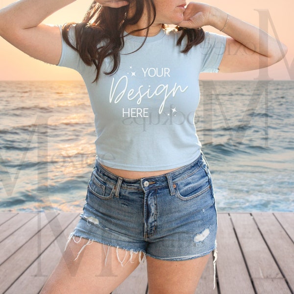 Crop Top Mockup, Light Blue, Gildan 5000B, y2k Baby Tee Womens, Adult wearing Youth, Croppped Tshirt Mockup,Model Mockup,Trendy Mockup,Beach