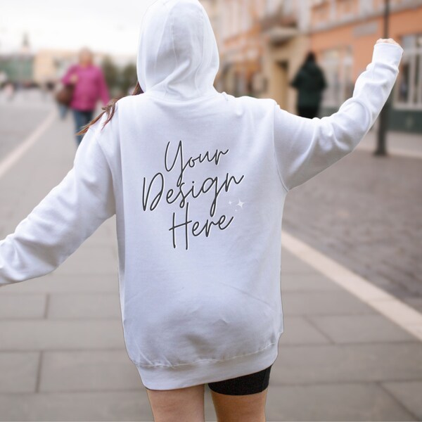 Lane Seven 14001, Back White Hoodie Mockup, Outdoor Lifestyle, Sweatshirt Mock,LS14001,mit Kapuze, Echte Person, Übergröße,Übung, braunes Haar