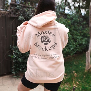 Lane Seven Pale Pink Back Mockup, LS14001, Hoodie, Outdoor Lifestyle, Sweatshirt Mock, Model Mockup, Real, Exercise,Brown Hair,Winter Snow