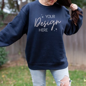 Lane Seven 14004, Navy Mockup, Sweatshirt Mockup, Sweater Mock up, Lane 7 Crewneck,LS14004, Brown Hair, Real Person,Oversized,Outdoor, Model