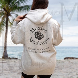 Lane Seven 14003 Back Mockup, Oatmeal Heather, Hoodie Mockup Back,Influencer Mockup,LS14003,Brunette,Model Mock Up, Print on Demand, Beach