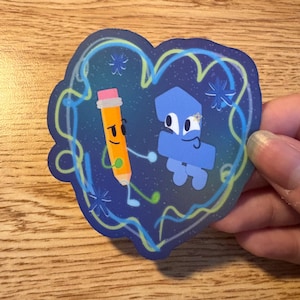 May include: A heart-shaped sticker featuring a cartoon pencil and the number 1, both with faces and holding hands. The background is a dark blue with a starry design and a neon green and blue outline.