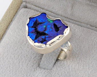 Azurite geode silver ring, 7 size
