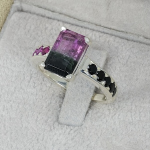 Bi-color tourmaline silver ring 7 size, 11x8x5 mm, 3.8 carats