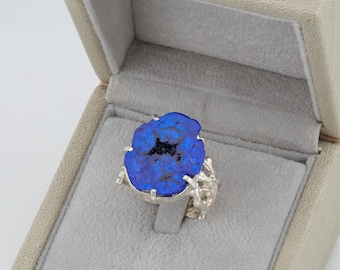 Azurite geode silver ring, 8 size
