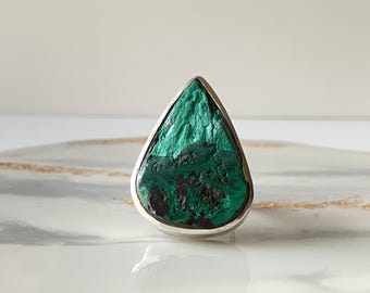 Rough malachite silver ring, incredible chatoyant raw malachite silver ring