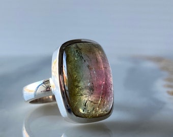 Wassermelone Turmalin Silber Ring 6 Größe, 18x12x7 mm