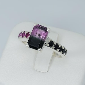 Bi-color tourmaline silver ring 8 size, 11x6x5 mm, 3.5 carats