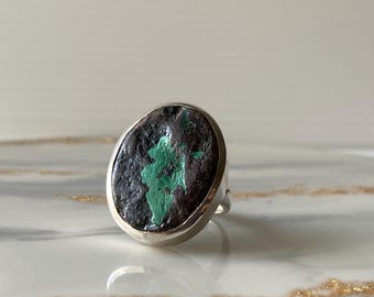Rough malachite silver ring, raw malachite in matrix