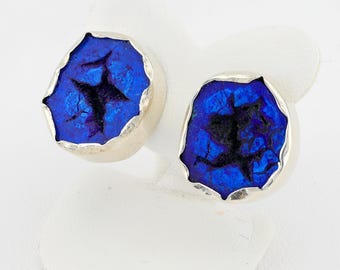Azurite geode silver huggie earrings, Navy blue gemstone earrings