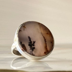 Anillo de plata con ágata dendrítica, anillo de plata con piedra de ágata paisajística, tamaño 8