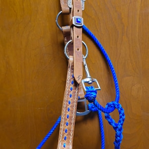 Leather and Rope Halter, Blue Foil Buckstitch, Hand Made in USA, 1 of a ...
