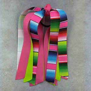 Hot Pink and Lime Streamer, Hair Ribbons, Ribbon Hair Tie - Sample Sale, One Available, Deep Discount, Serape Hair Ribbons