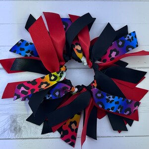Red and Black Ribbon Scrunchie, Ribbon Hair Tie, Ribbon Pony Tie, Rainbow Hair Ribbon - Sample Sale, One Available, Clearance Sale, Cheetah