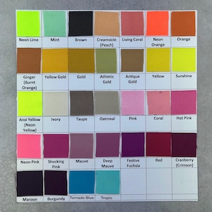 May include: A colour chart displaying a range of ribbon shades, from neon lime to cranberry. Each colour is labelled, including 'Mint', 'Brown', 'Creamsicle', and 'Living Coral'. The chart is arranged in a grid, with each colour sample clearly defined.
