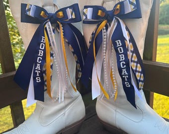 Gameday Boot Bows, Embroidered Ribbons, Custom Boot Ribbons, Spirit Ribbons, College Football Game Gear, Custom Ribbon, Country Concert Bows