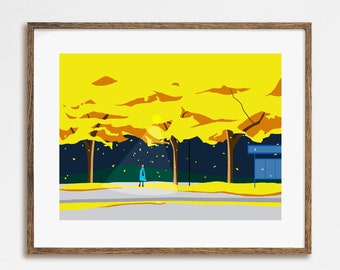 Redmond Night, Abstract Falling Leaves, Fall Illustration, Printable Wall Art, Minimalist Living Room Wall Decor, Yellow and Blue