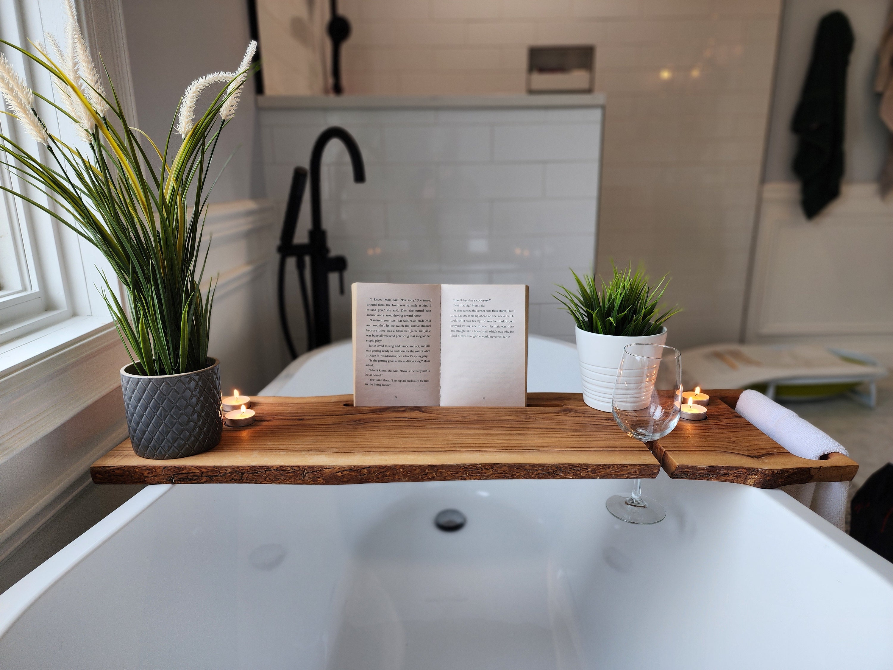 LIVE EDGE Bathtub Caddy Bath Tray With Wine Glass Holder Book Holder ...
