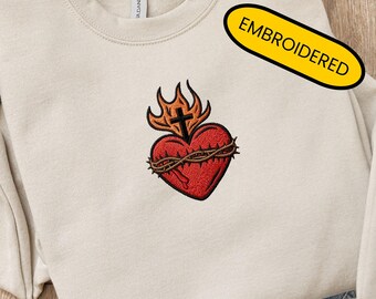 Sweat-shirt catholique brodé Sacré-Cœur de Jésus Ras du cou catholique Coeur immaculé Cadeaux pour les chrétiens Chandail d'église religieux Vday