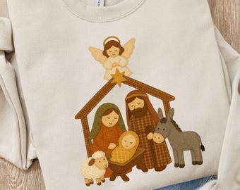 Patchwork Christmas Sweatshirt Christian Nativity Faux Embroidery Quilted Crewneck Plaid Graphic Hoodie Vintage Sweater Gifts For Christians