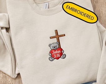 Christian Embroidered Sweatshirt Valentines Day Teddy Bear Sweater John 3:16 Crewneck God So Loved The World Hoodie Gifts For Christians