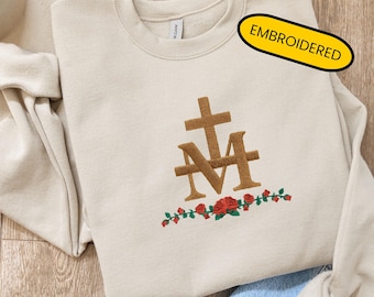 Broderad katolsk tröja Marian kors Jungfru Maria tröja Blommig katolsk tröja Gåvor för kristna kvinnor Vår Fru tröja