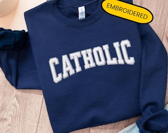 Embroidered Catholic Sweatshirt Collegiate Style Letter Catholic Crewneck Gifts for Christians Church Sweatshirt Retro Religious College