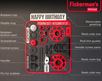 Tarjeta con kit de pescador impreso en 3D