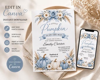 Little Pumpkin Baby Shower Invitation Boy, Blue Pumpkin Baby Shower Invite, Editable Canva Template, Fall Baby Shower, Instant Download