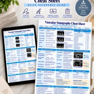 Peut inclure: Un guide de référence rapide Vascular Sonography Cheat Sheet affiché sur un écran de tablette et une feuille de papier imprimée. Le document présente des tableaux, des graphiques et du texte détaillant les bases Doppler et les diamètres en cm.