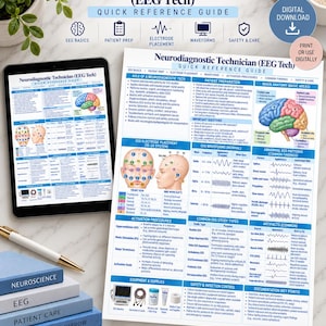 May include: A Neurodiagnostic Technician EEG Tech quick reference guide printed on paper and displayed on a tablet screen. The guide features sections on patient preparation, electrode placement, brain anatomy, waveforms, and common EEG study types.