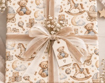 Vintage Baby Shower Wrapping Paper, Teddy Bear Nursery Gift Wrap, Neutral Baby Boy Paper, Rocking Horse Newborn Gift Wrap