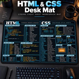 HTML CSS Coding Desk Mat, Programmer Reference Mouse Pad (3mm Neoprene)