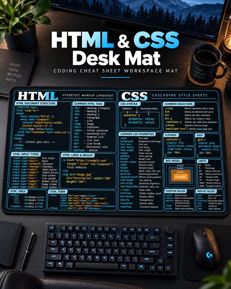 Op de afbeelding: Een rechthoekige zwarte bureaumat met een uitgebreid HTML- en CSS-codeerspiekbriefje in blauwe en witte tekst. De lay-out is verdeeld in twee hoofdsecties die de documentstructuur, veelvoorkomende tags, syntaxis, eigenschappen en selectors beschrijven.
