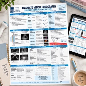 May include: A diagnostic medical sonography ultrasound cheat sheet featuring sections on transducer types, imaging modes, doppler basics, patient positioning, and common measurements in centimeters, displayed alongside a tablet and a coffee mug.