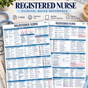 May include: Two pages of a Registered Nurse Clinical Quick Reference guide featuring tables, charts, and medical data. The document includes sections on cardiac assessment, EKG basics, neurological assessment, lab values, and stroke assessment criteria.