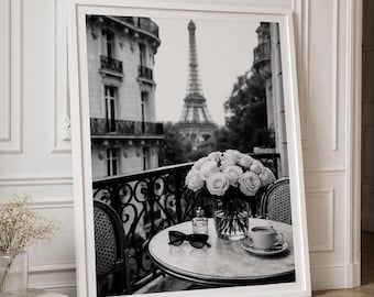 Paris Balcony Print, Eiffel Tower, Black and White Photography (Digital Download)