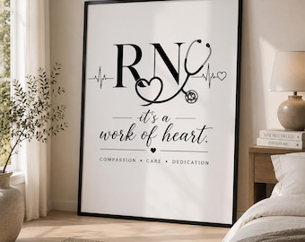 RN Wall Art Printable, Registered Nurse Gift, Medical Office Decor, Work of Heart Quote, Healthcare Graduation Gift, Digital Download