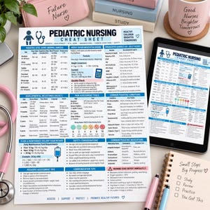 May include: A white paper paediatric nursing cheat sheet featuring tables for vital signs, developmental milestones, medication formulas, and safety tips. The document includes blue and black text, icons, and a tablet displaying the same content.